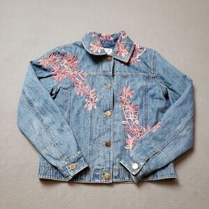 Coldwater Creek Blue Jean Jacket with Pink Embroidery